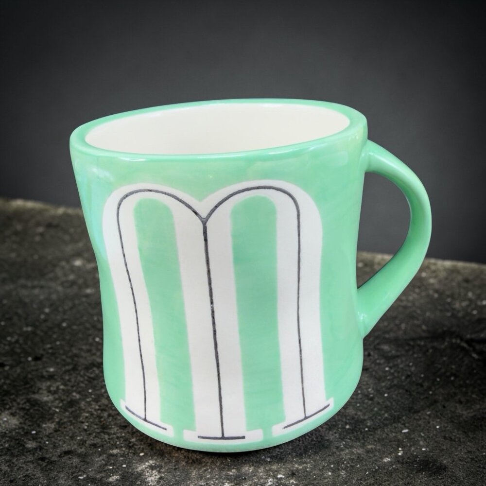 Anthropologie Hand Painted Monogram Initial Letter M Mint Green Coffee Mug Cup